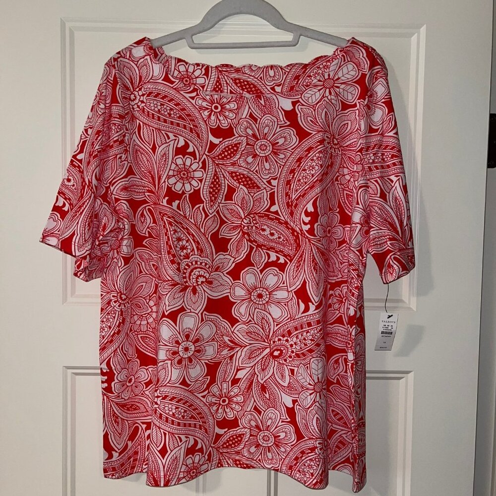 Talbots NWT Red/White Floral Scalloped Neckline 100% Cotton Top - Size 1X